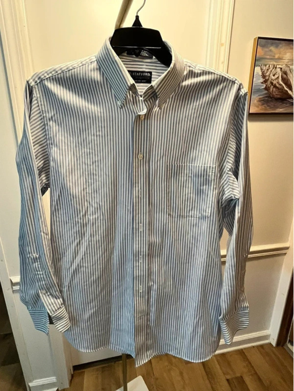 16 34-35 (L) Stafford Essentials Blue White Striped Oxford Dress Shirt Regular